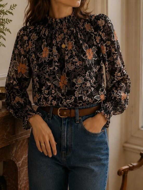 B. Copenhagen Tops - B. Copenhagen Floral Smocked Neck Sheer Blouse Black Burnt Apricot Paisley US M